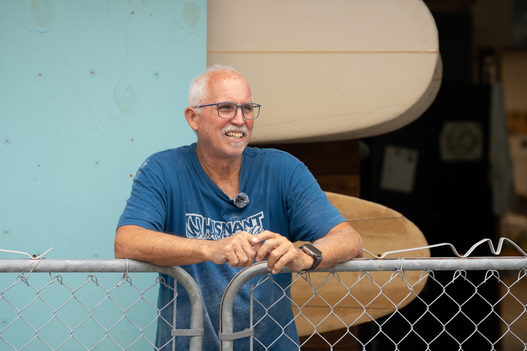 Mike Whisnant outside the Whisnant Surfboards shop in Atlantic Beach