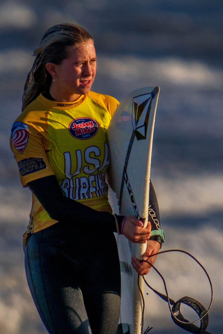 Lanea Mons, golden hour after heat, USA Surfing jersey, Jacksonville Beach