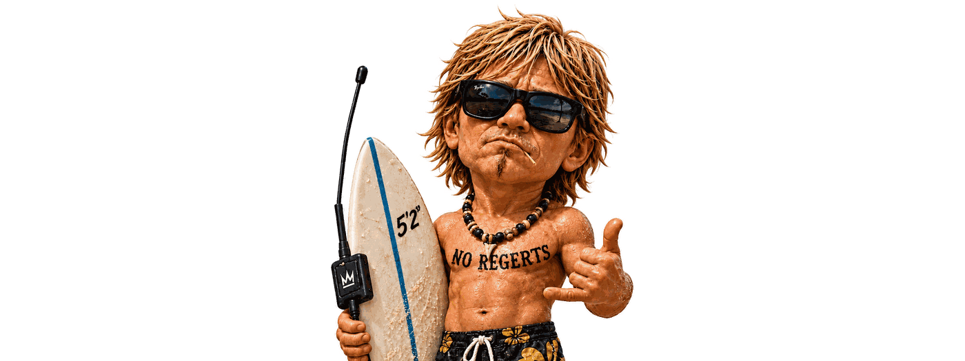 Mini-Dude, a nine-inch surfer figure holding a surfboard and throwing a shaka