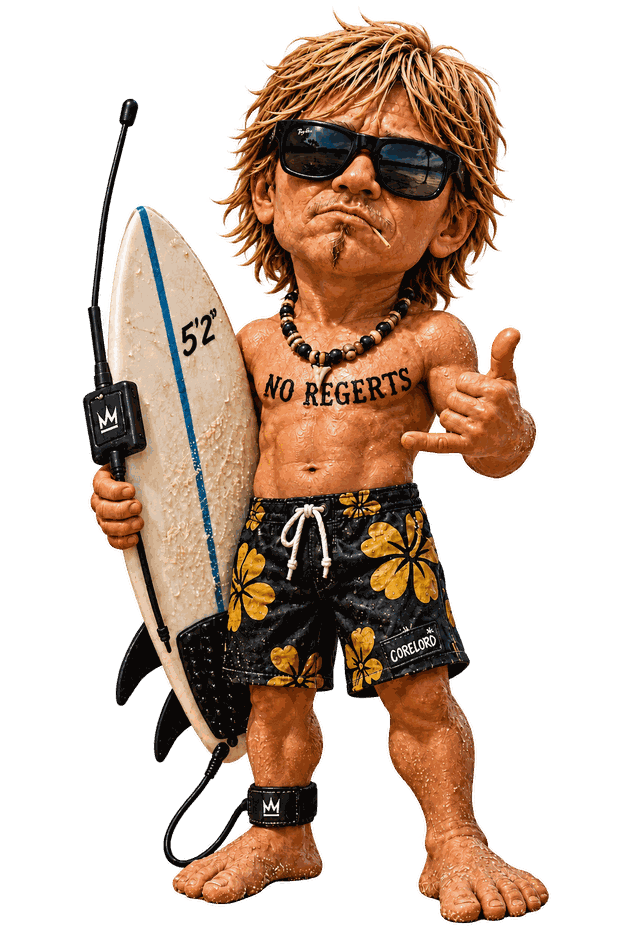 Mini-Dude: a nine-inch figure of a weathered, sun-bleached surfer in sunglasses and flowered boardshorts, holding a surfboard and throwing a shaka