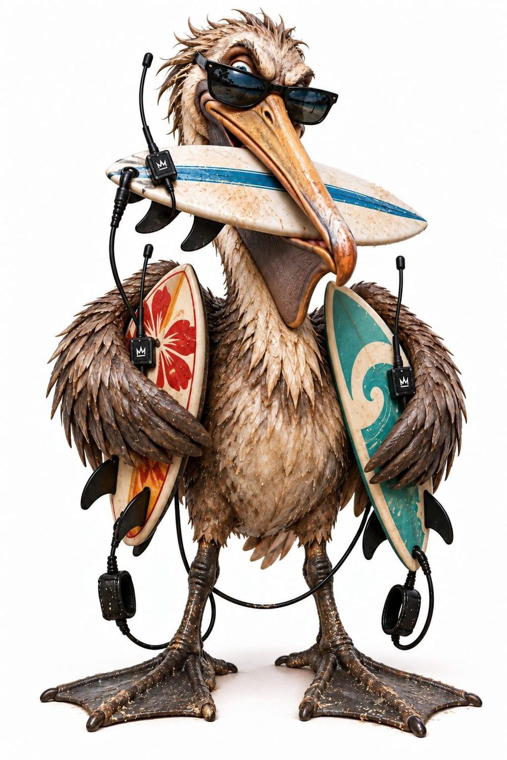 An artist's rendering of Dennis: a scraggly brown pelican in sunglasses holding three tiny surfboards, leashes dangling.