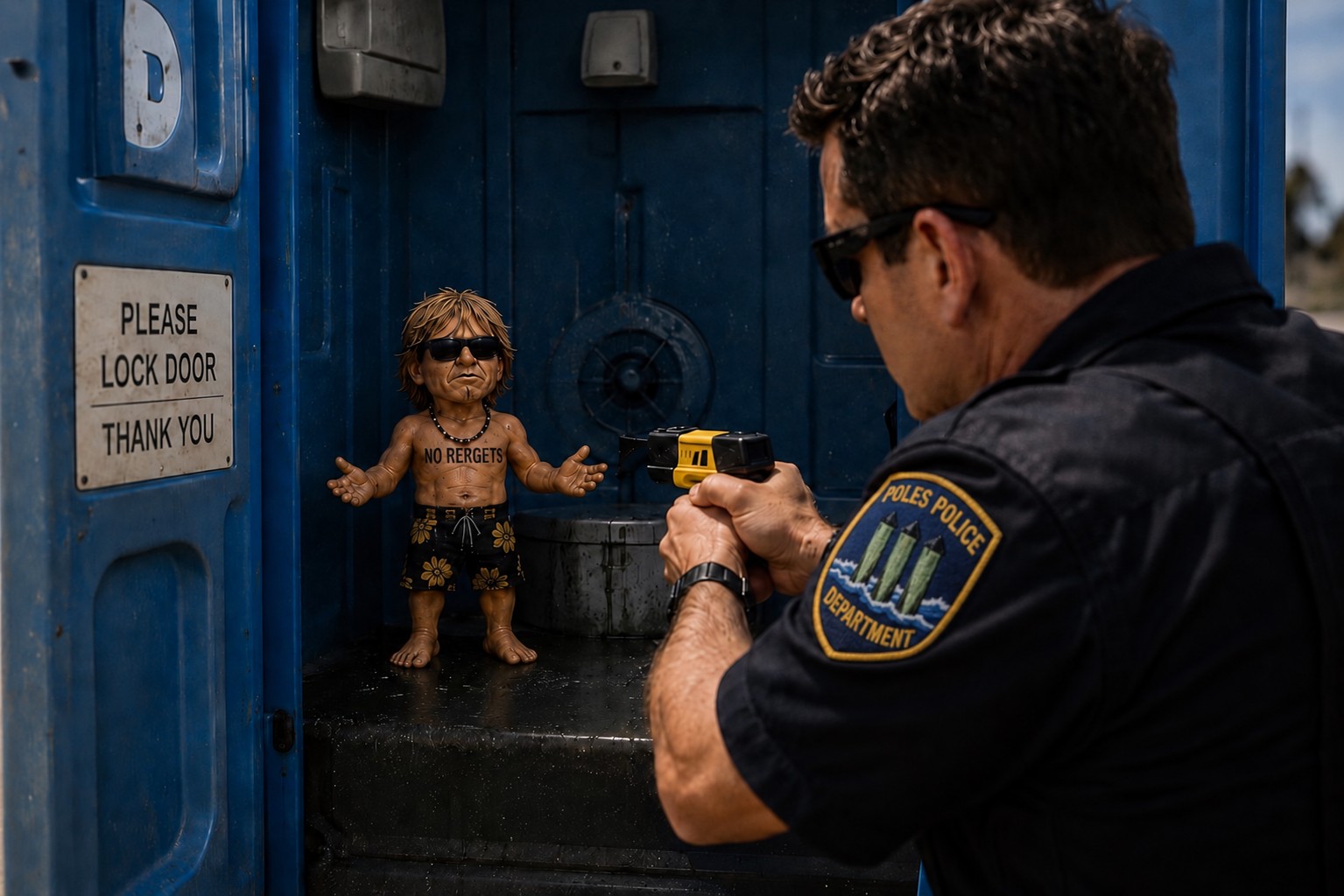 Mini-Dude stands in an open portable toilet with his arms spread wide as a uniformed deputy aims a Taser at him