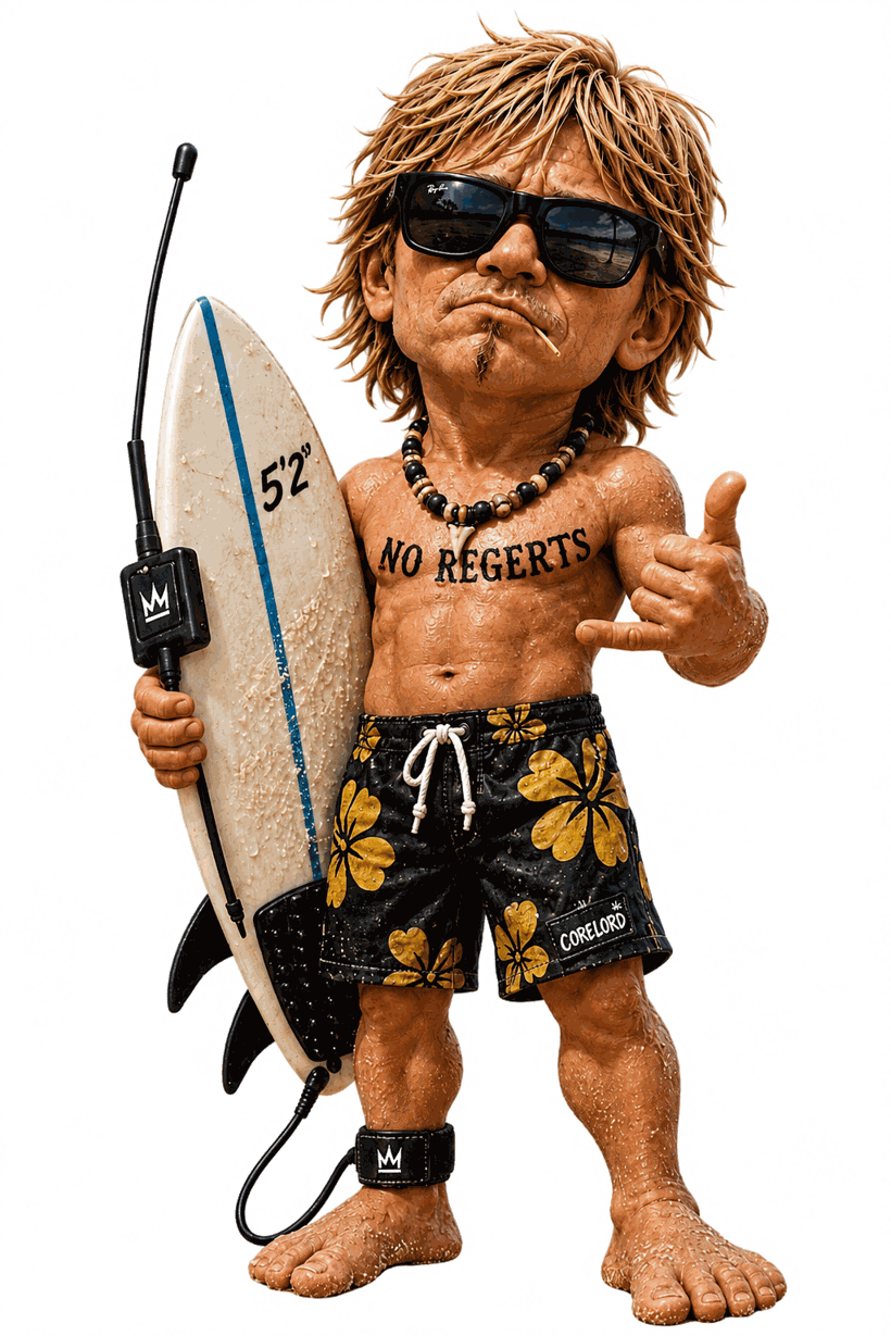 Mini-Dude, a nine-inch surfer with sun-bleached hair, sunglasses, a chest tattoo reading NO REGERTS, and black-and-yellow hibiscus boardshorts, stands barefoot holding a sandy five-two thruster and throwing a shaka.
